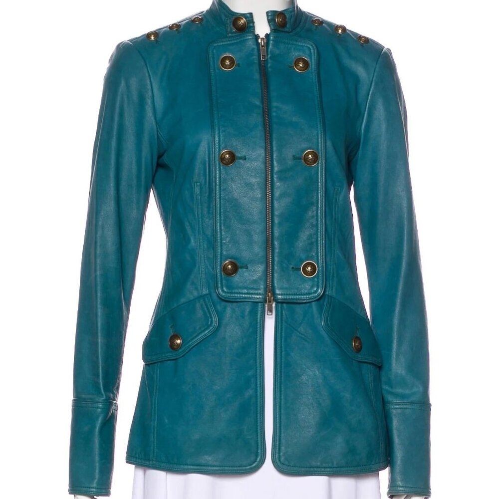 DIANE VON FURSTENBERG teal leather jacket size 6